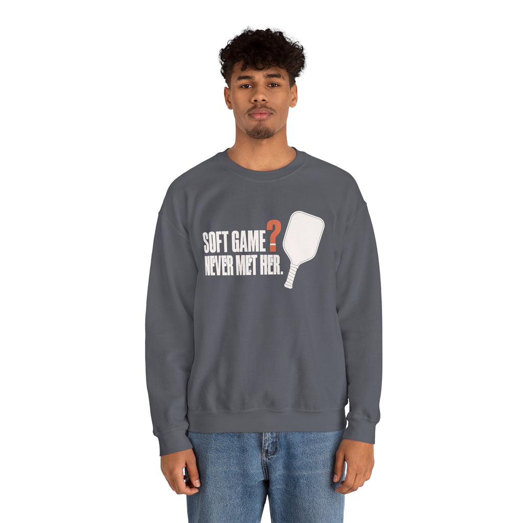 Soft Game? Never Met Her Sweatshirt - Charcoal - On Model Male