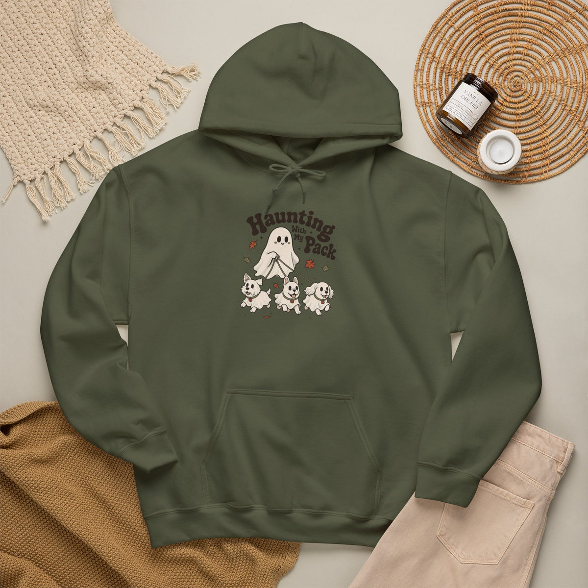 Haunting with My Pack Hoodie - Military Green - flat lay
