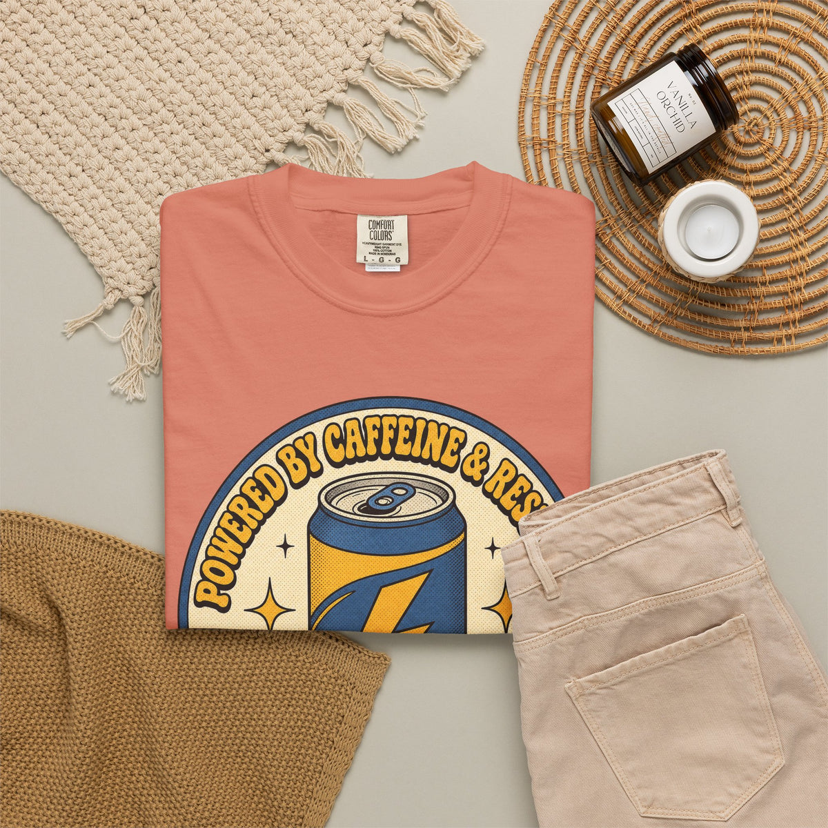 Caffeinated Energy Can T-shirt - Terracotta - Flat Lay