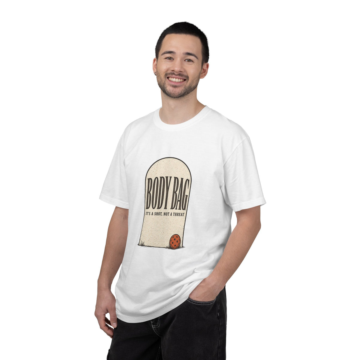 BODY BAG It's a Shot, Not a Threat T-Shirt - White - On Model Male