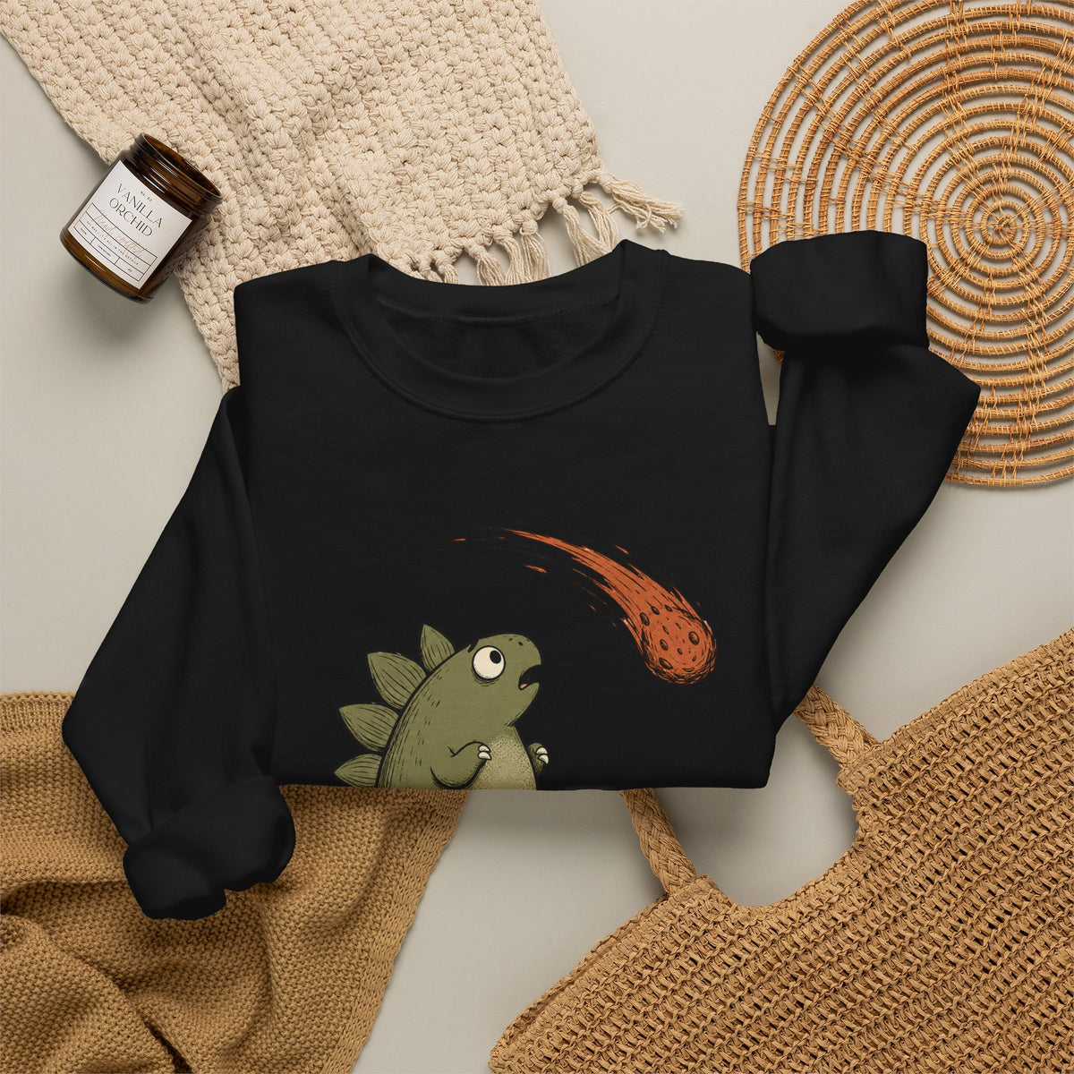 Emotionally I'm the Meteor Dinosaur Sweatshirt - Black - Flat Lay