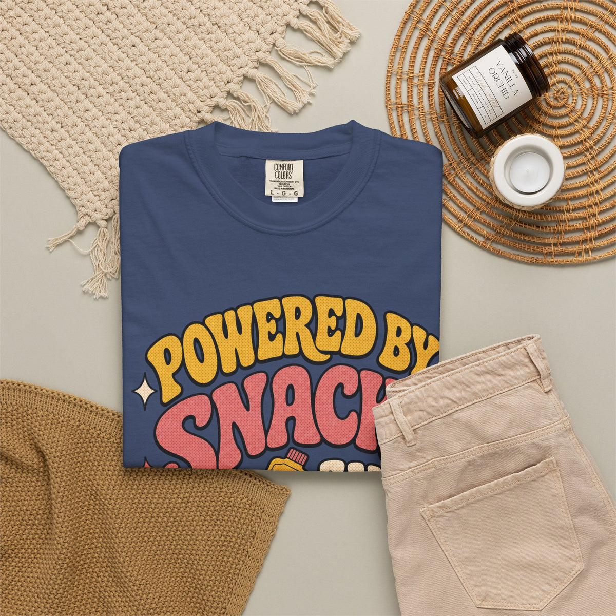 Powered by Snacks and Spite T-shirt - China Blue - flat lay