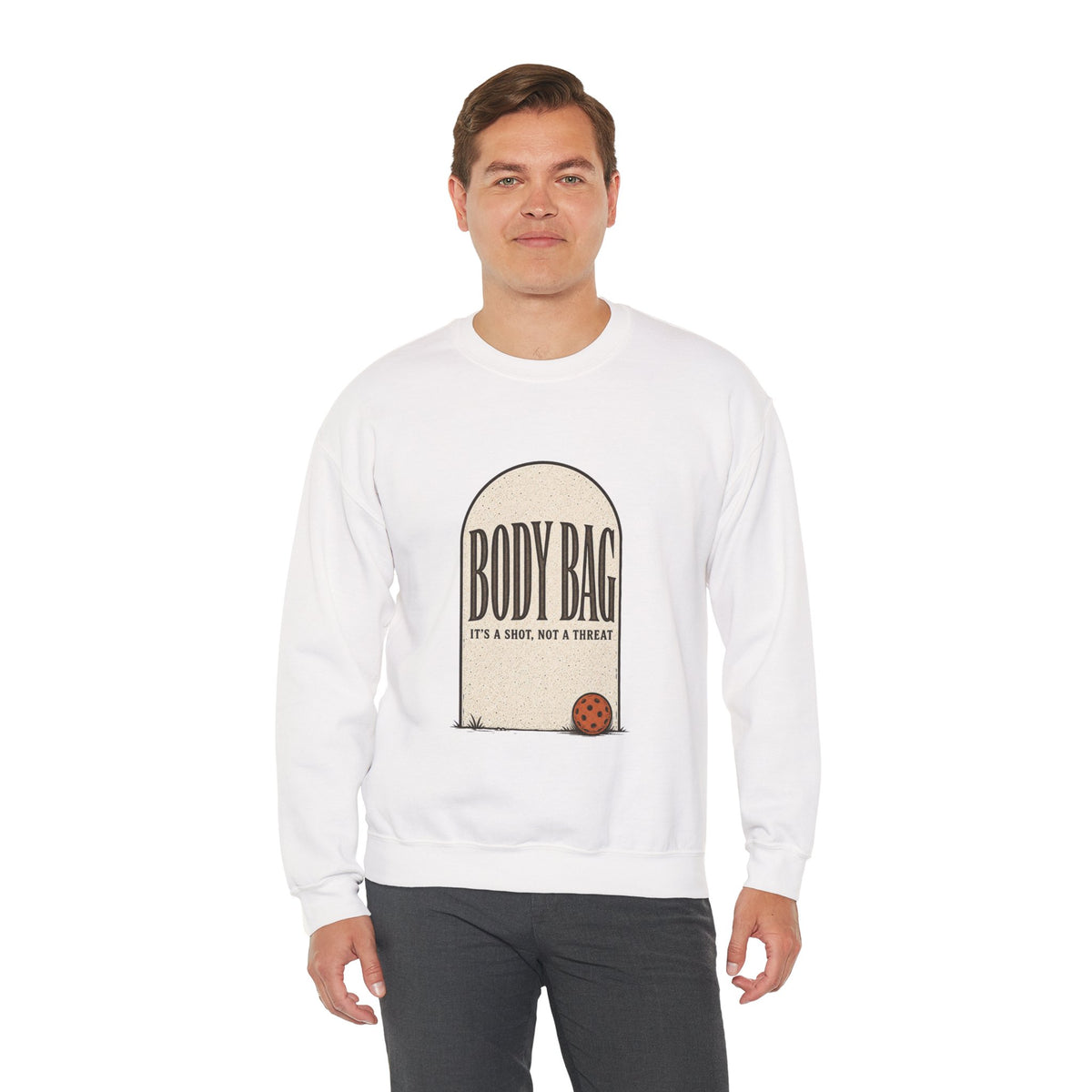 BODY BAG It's a Shot, Not a Threat Sweatshirt - White - On Model Male