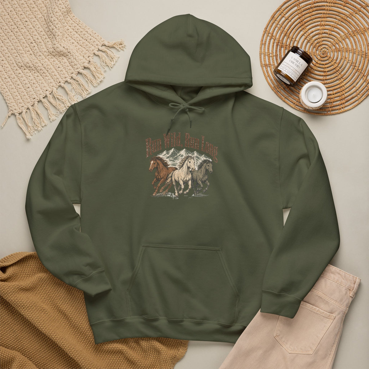 Run Wild Run Long Hoodie - Military Green - Flat Lay