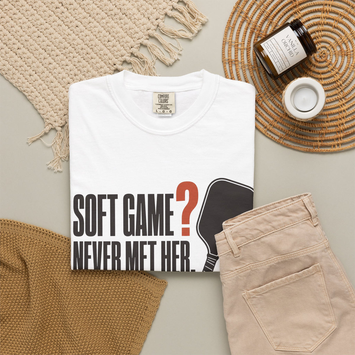 Soft Game? Never Met Her T-Shirt - White - Flat Lay