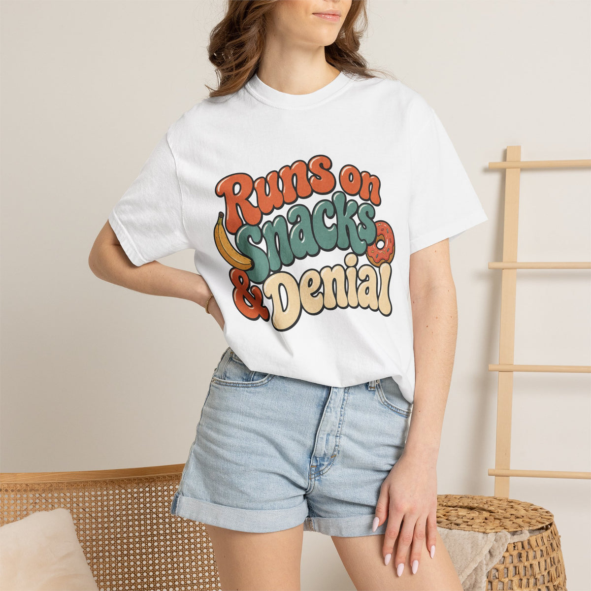 Runs on Snacks & Denial T-Shirt - White - on model close-up