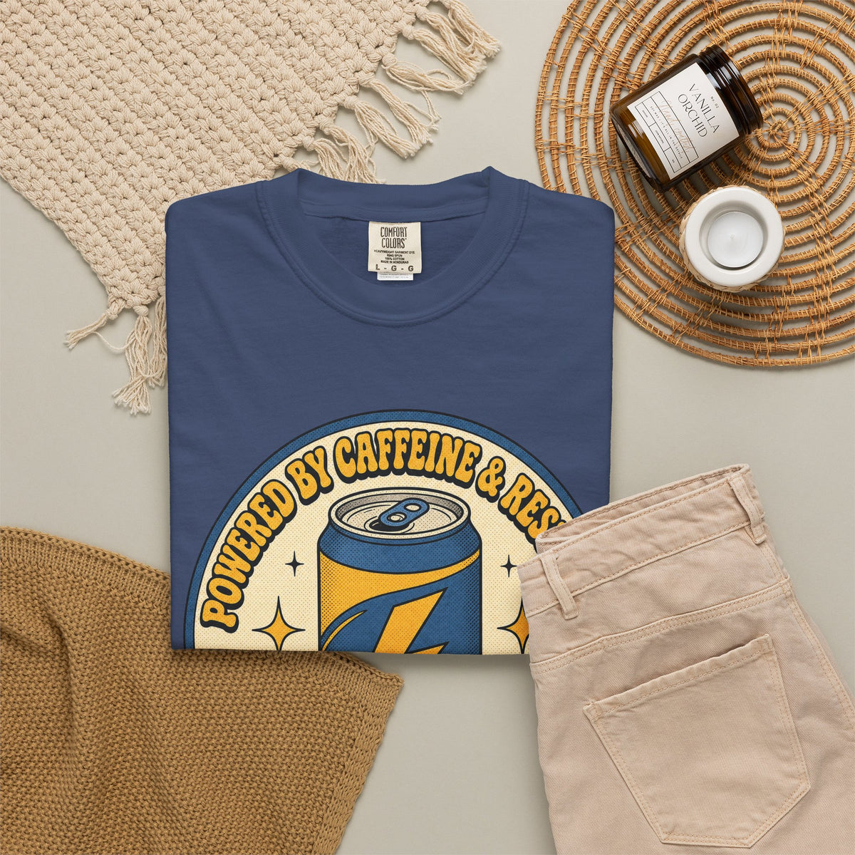 Caffeinated Energy Can T-shirt - China Blue - Flat Lay