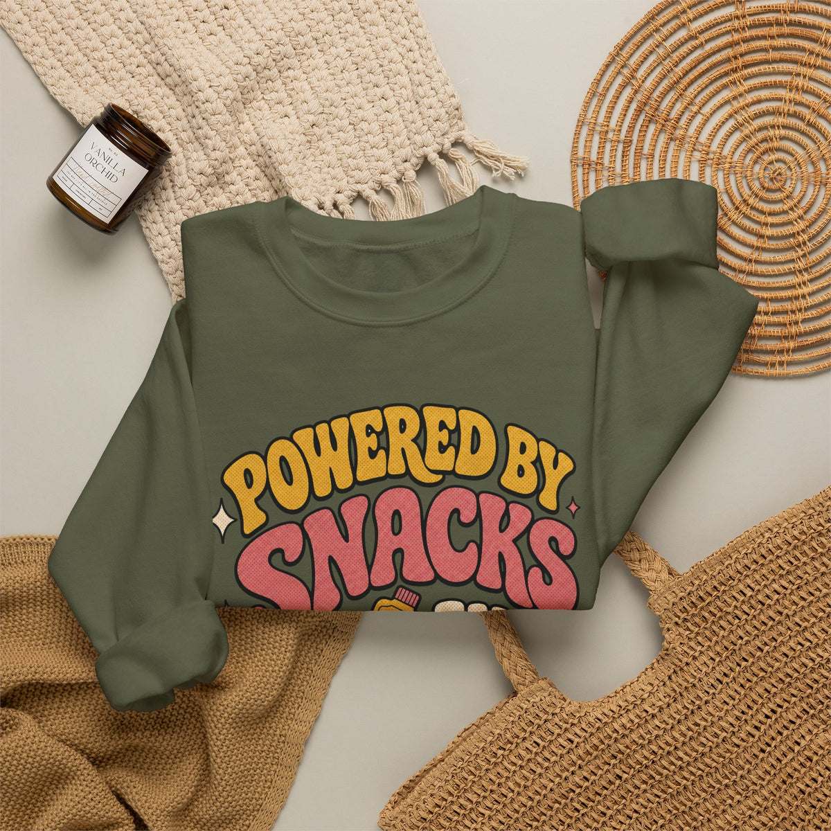 Powered by Snacks and Spite Sweatshirt - Military Green - Flat Lay