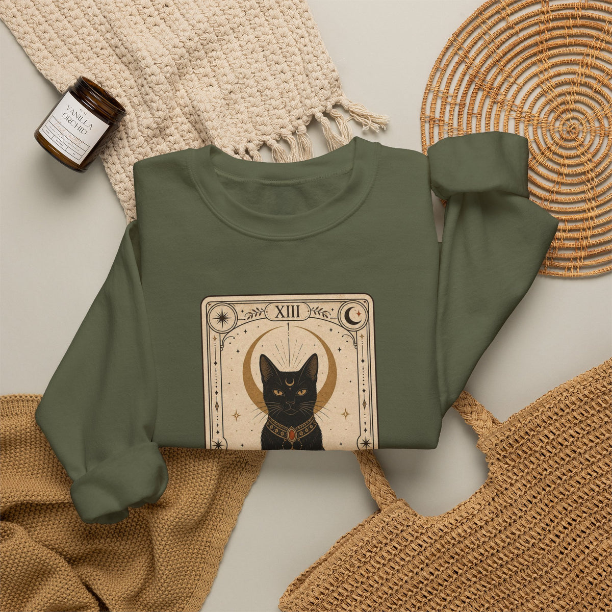 Black Cat Tarot Card Sweatshirt - Military Green - flat lay