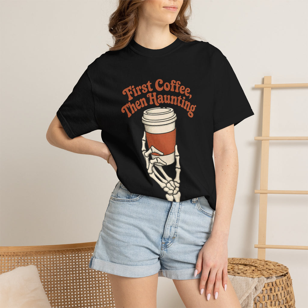 First Coffee Then Haunting T-Shirt - Black - On Model Close-Up