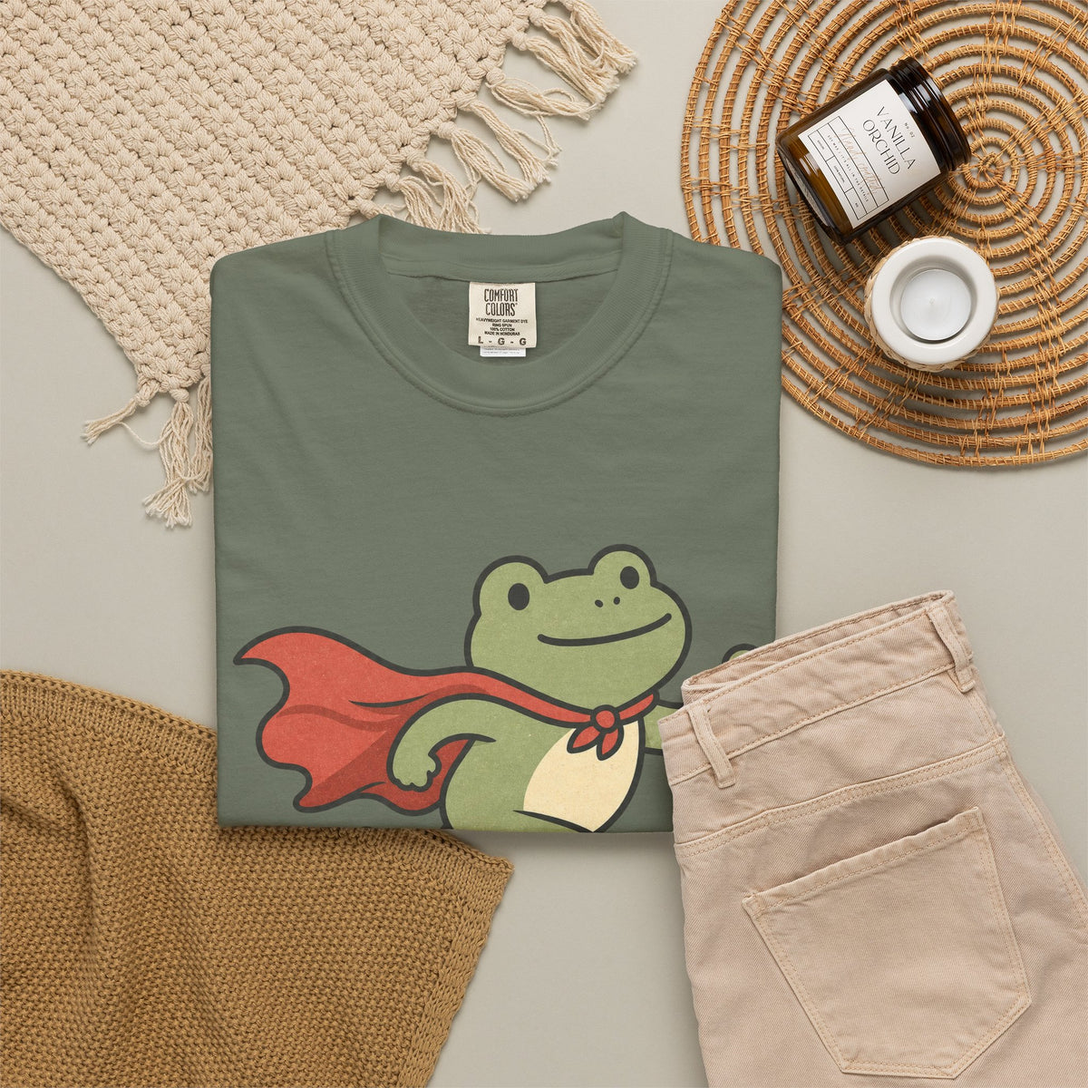Superhero Frog running illustration T-shirt - Moss - Flat Lay
