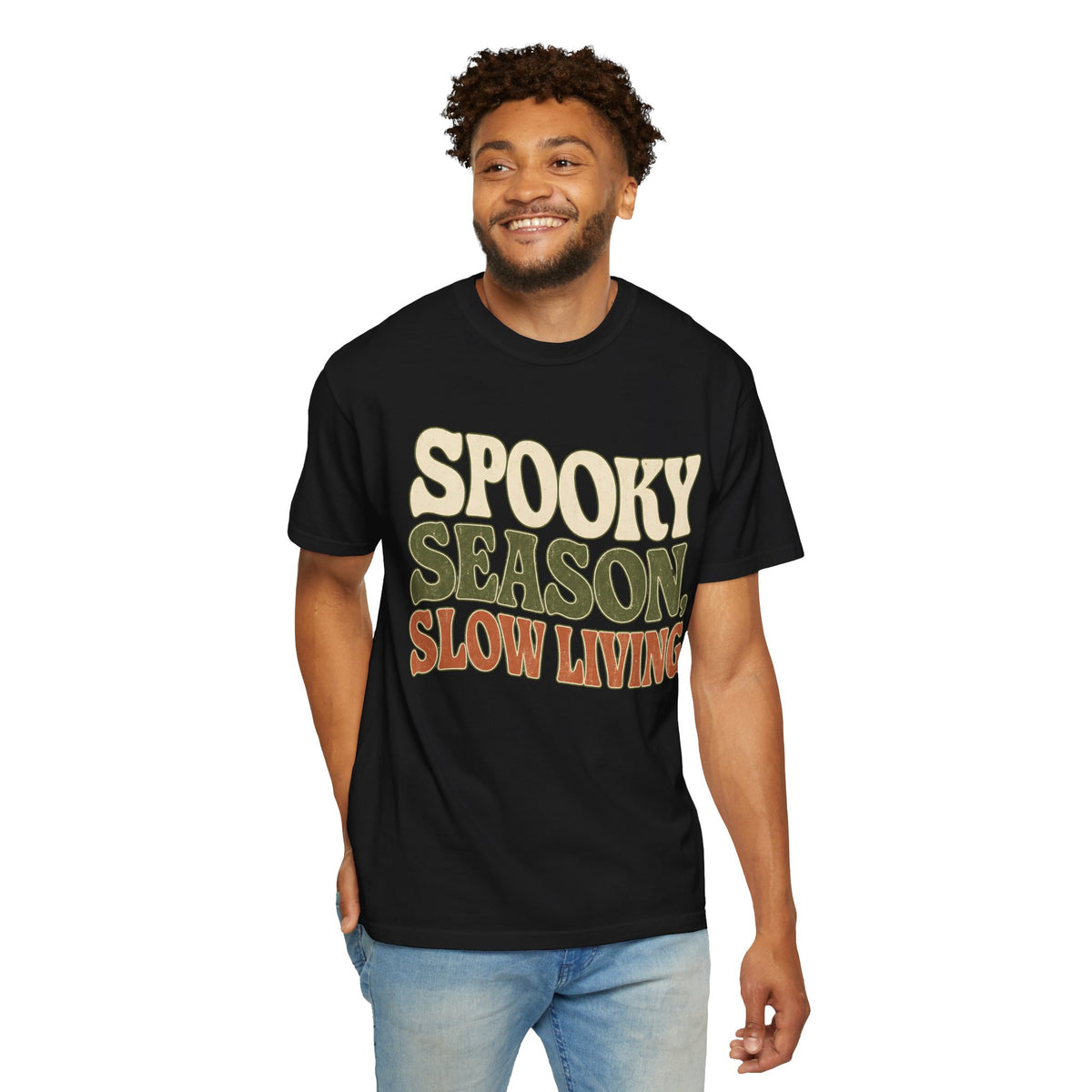 Spooky Season Slow Living T-shirt - Black - On Model Front