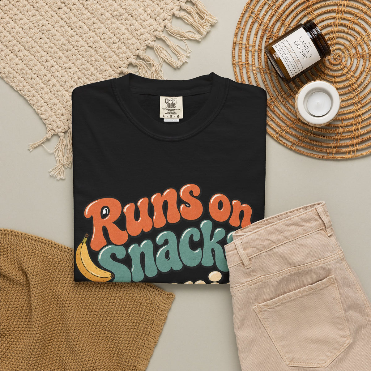 Runs on Snacks & Denial T-Shirt - Black - flat lay