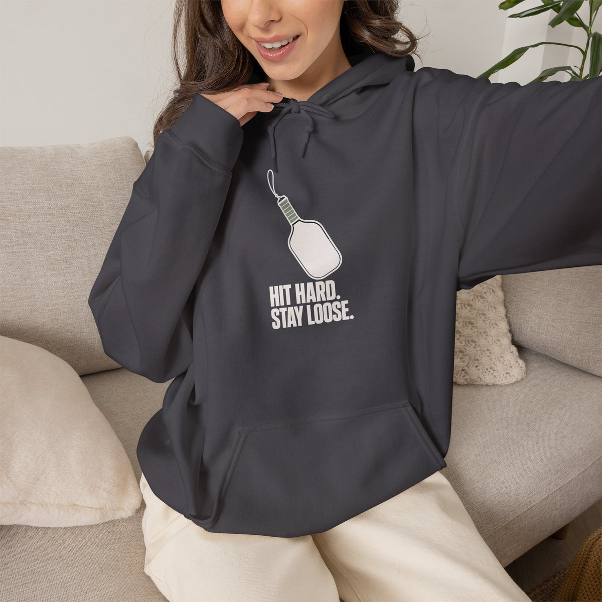 Hit Hard, Stay Loose Hoodie - Charcoal - On Model Female