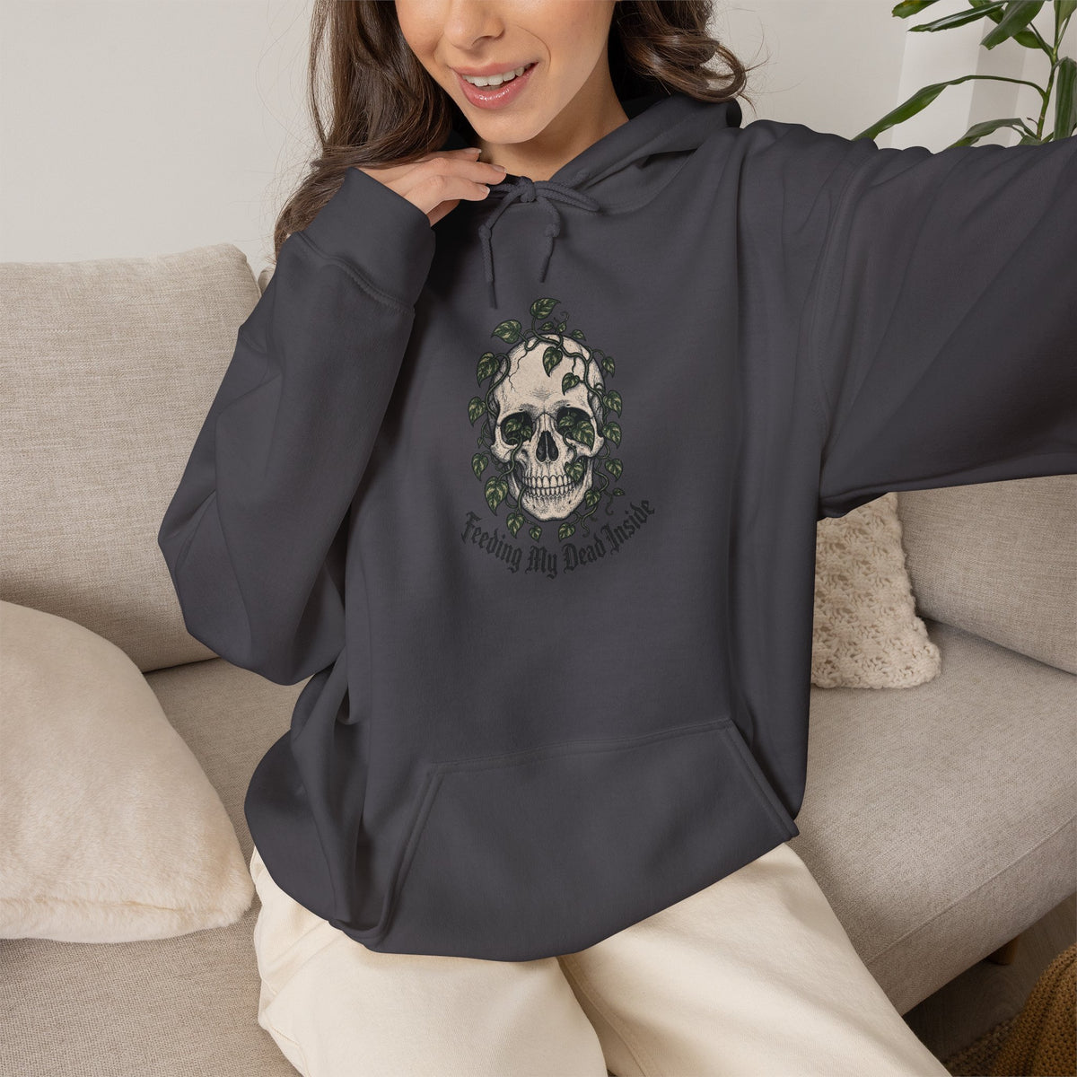 Skull with Ivy Leaves Hoodie - Charcoal - on model female