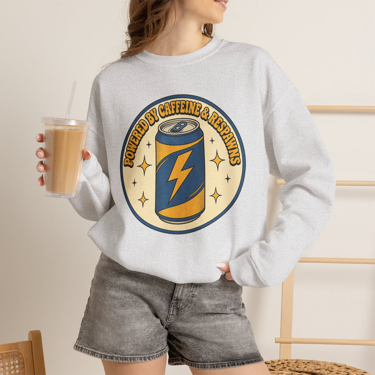 Caffeinated Energy Can Sweatshirt - Ash - On Model Female