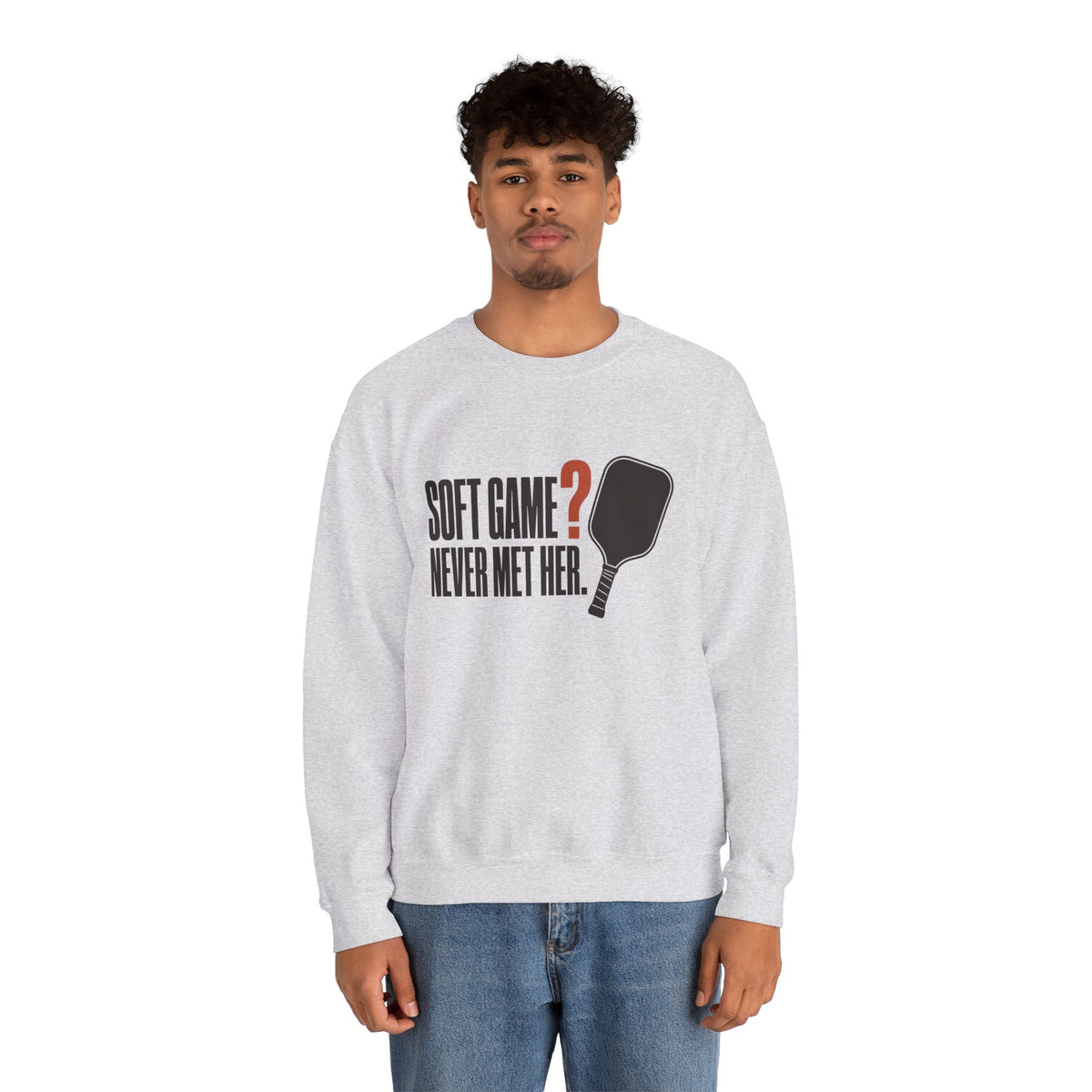 Soft Game? Never Met Her Sweatshirt - Ash - On Model Male