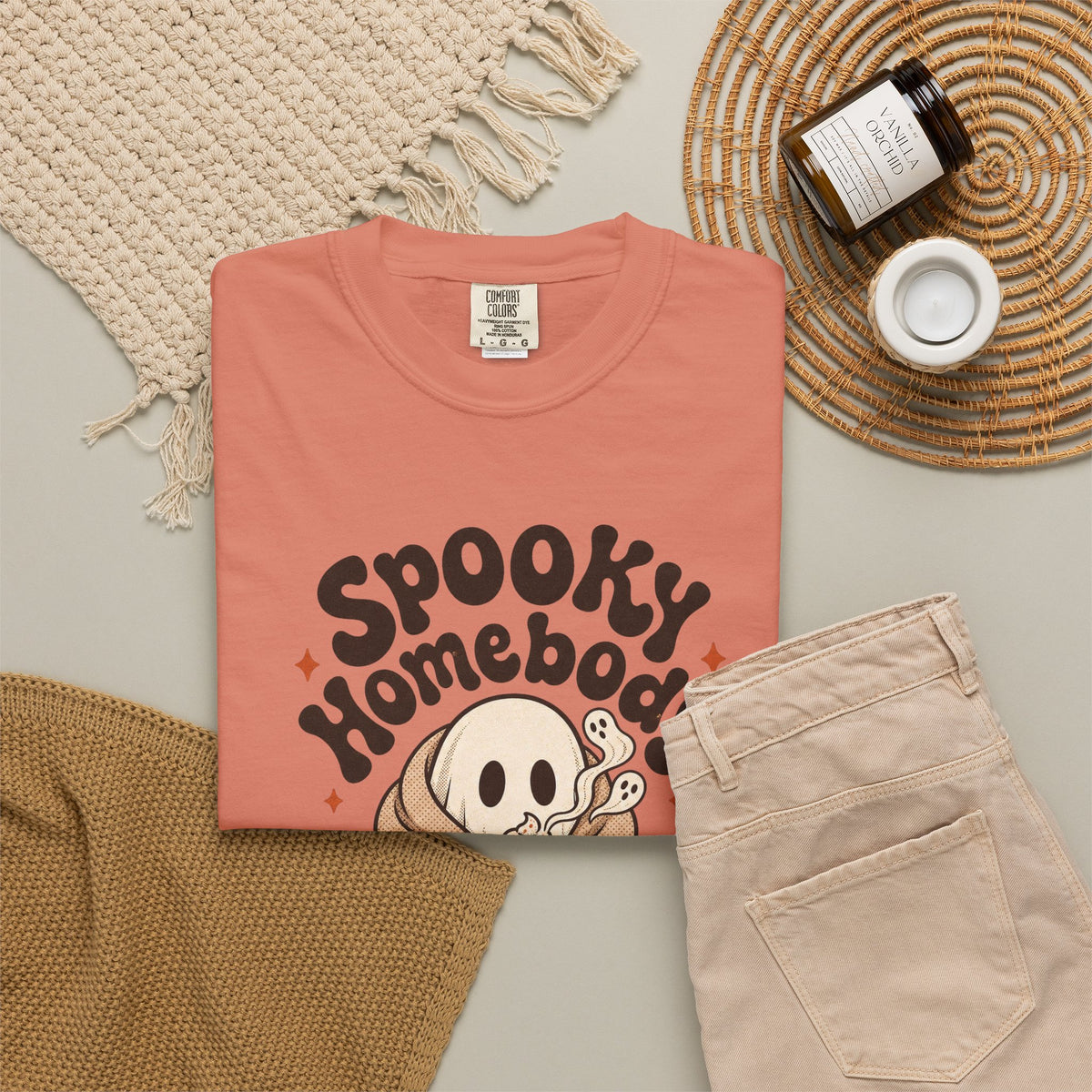 Spooky Homebody Ghost  T-Shirt - Terracotta - flat lay