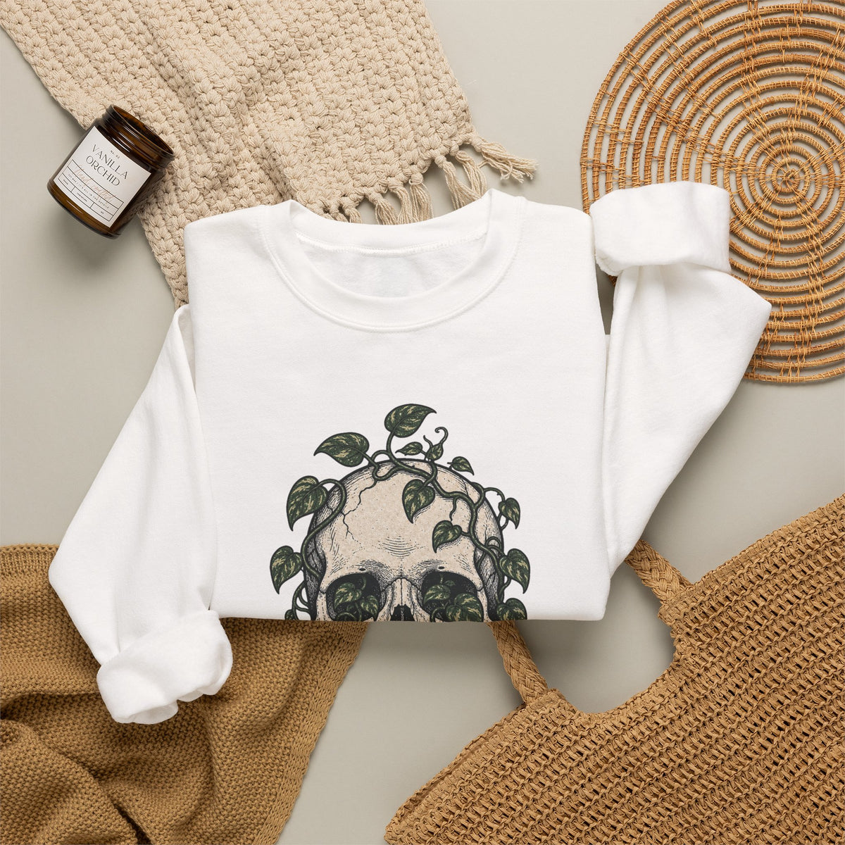 Skull with Ivy Leaves Sweatshirt - White - flat lay