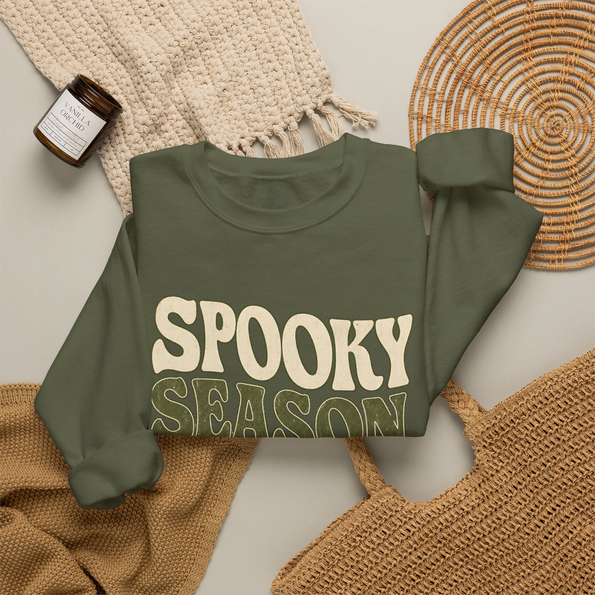 Spooky Season Slow Living Sweatshirt - Military Green - Flat Lay