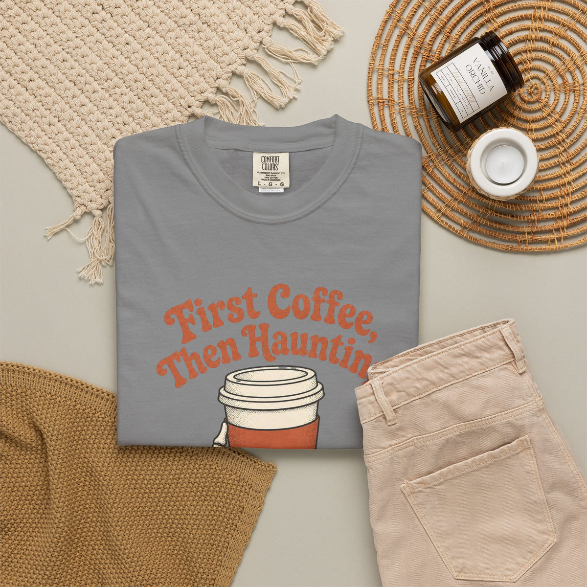 First Coffee Then Haunting T-Shirt - Grey - Flat Lay