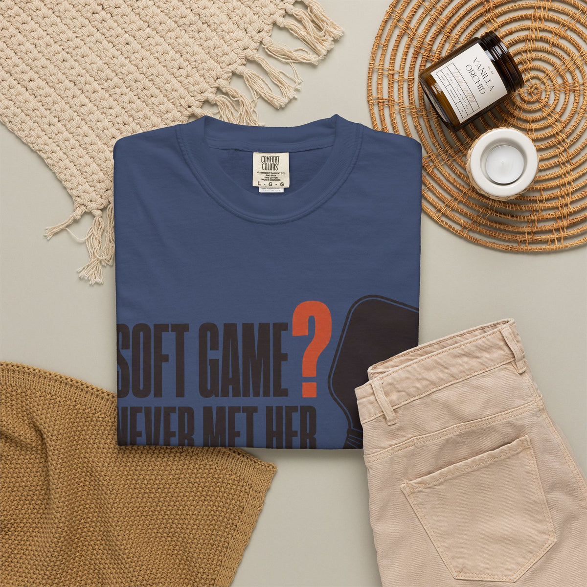 Soft Game? Never Met Her T-Shirt - China Blue - Flat Lay