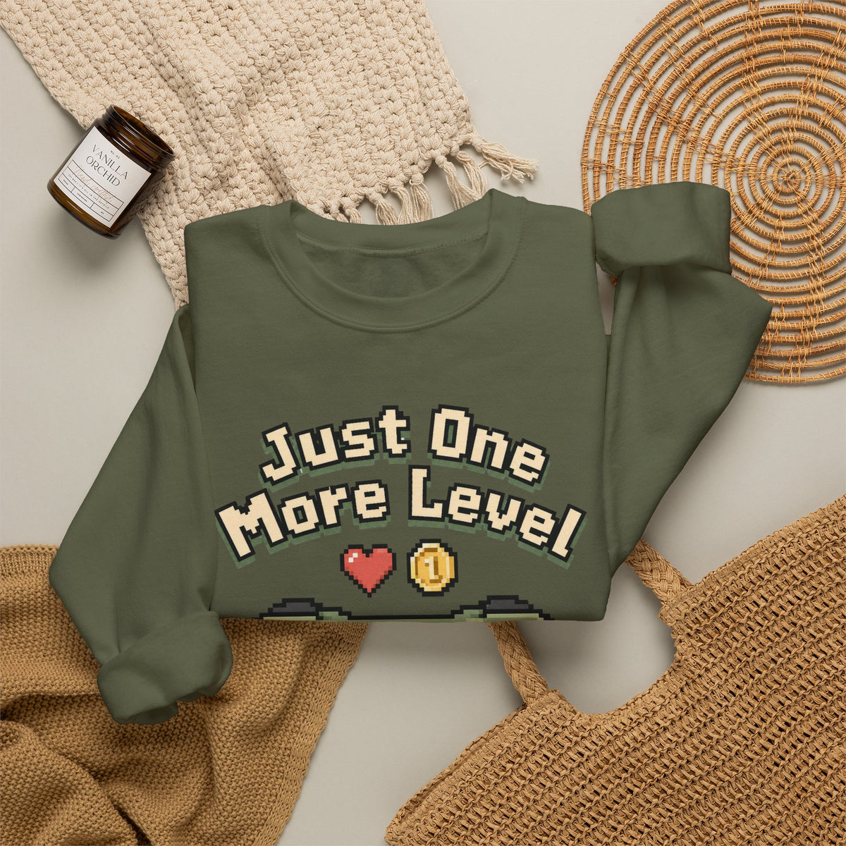 Just One More Level Sweatshirt - Military Green - Flat Lay