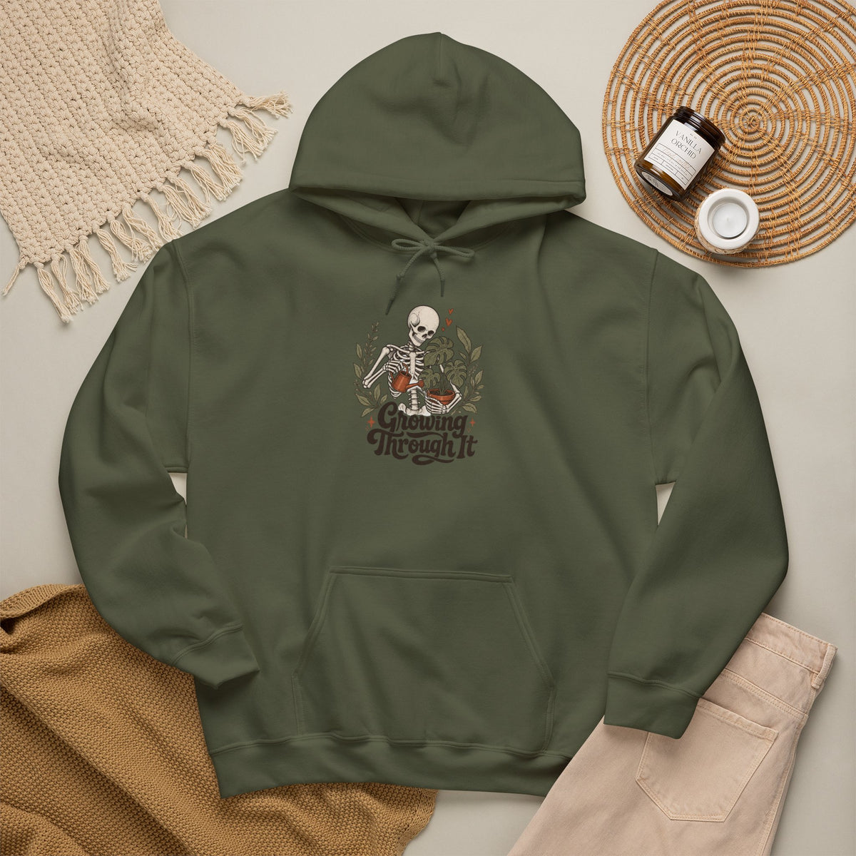 Growing Through It Hoodie - Military Green - flat lay