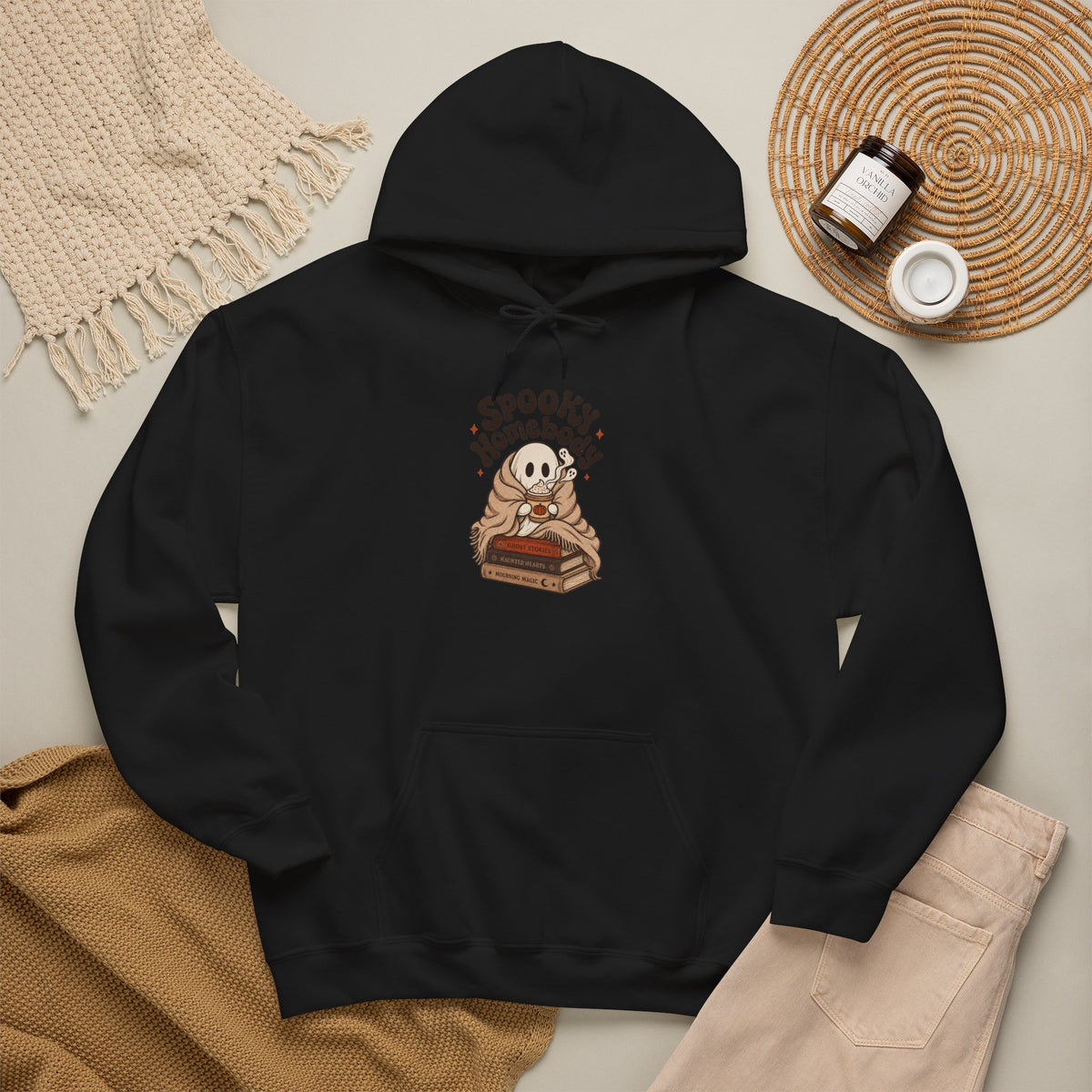 Spooky Homebody Ghost Hoodie - Black - flat lay