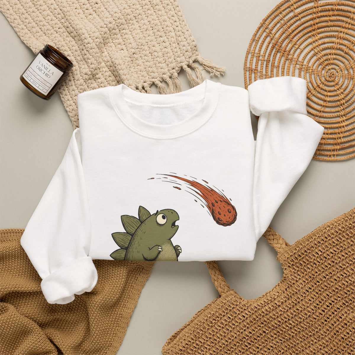 Emotionally I'm the Meteor Dinosaur Sweatshirt - White - Flat Lay
