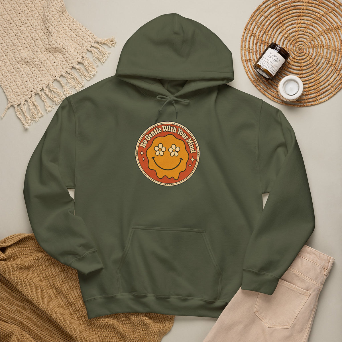 Be Gentle With Your Mind Hoodie - Military Green - flat lay