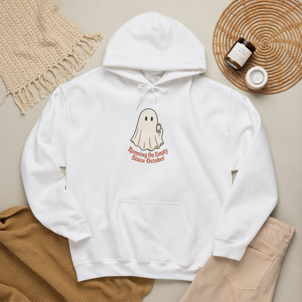 Running On Empty Since October Hoodie - White - Flat Lay