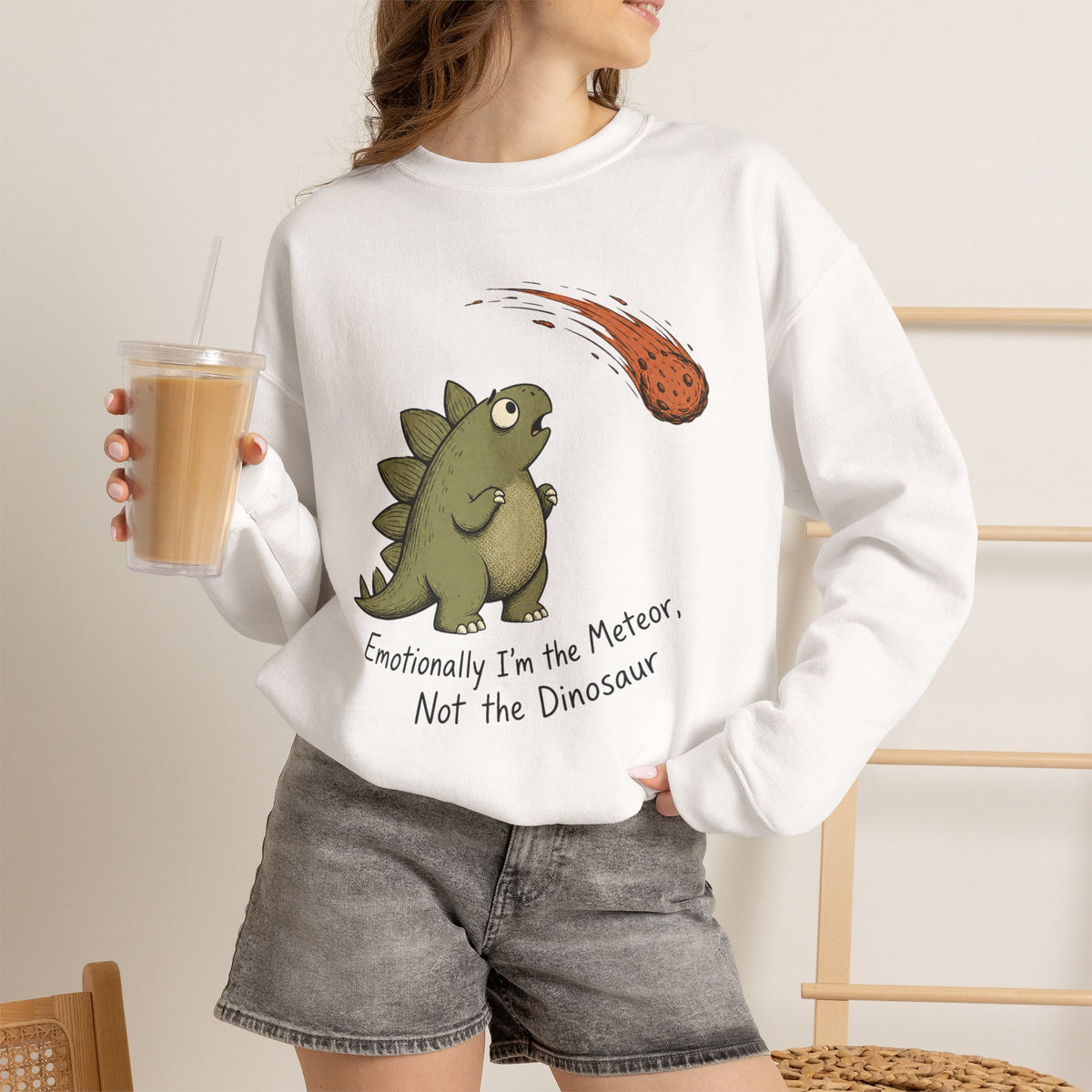 Emotionally I’m the Meteor Dinosaur Sweatshirt - White - On Model Female