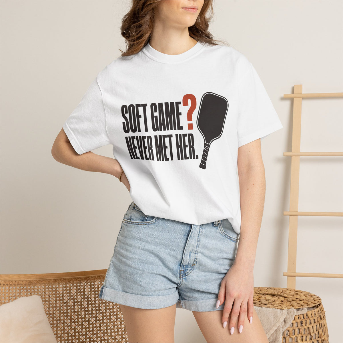 Soft Game? Never Met Her T-Shirt - White - On Model Female
