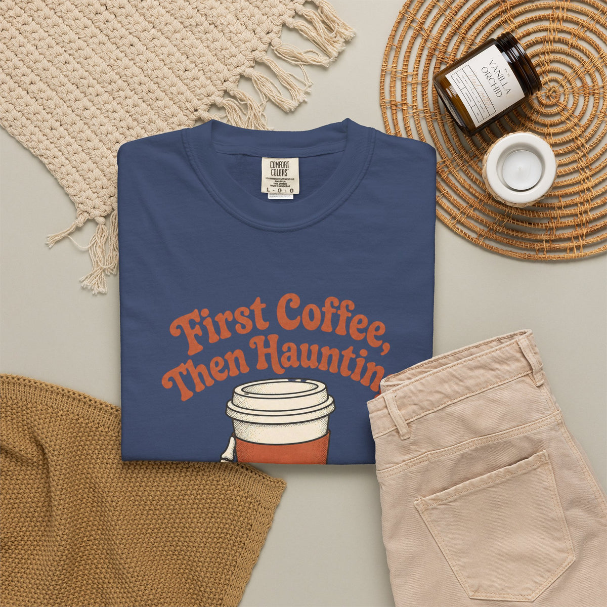First Coffee Then Haunting T-Shirt - China Blue - Flat Lay