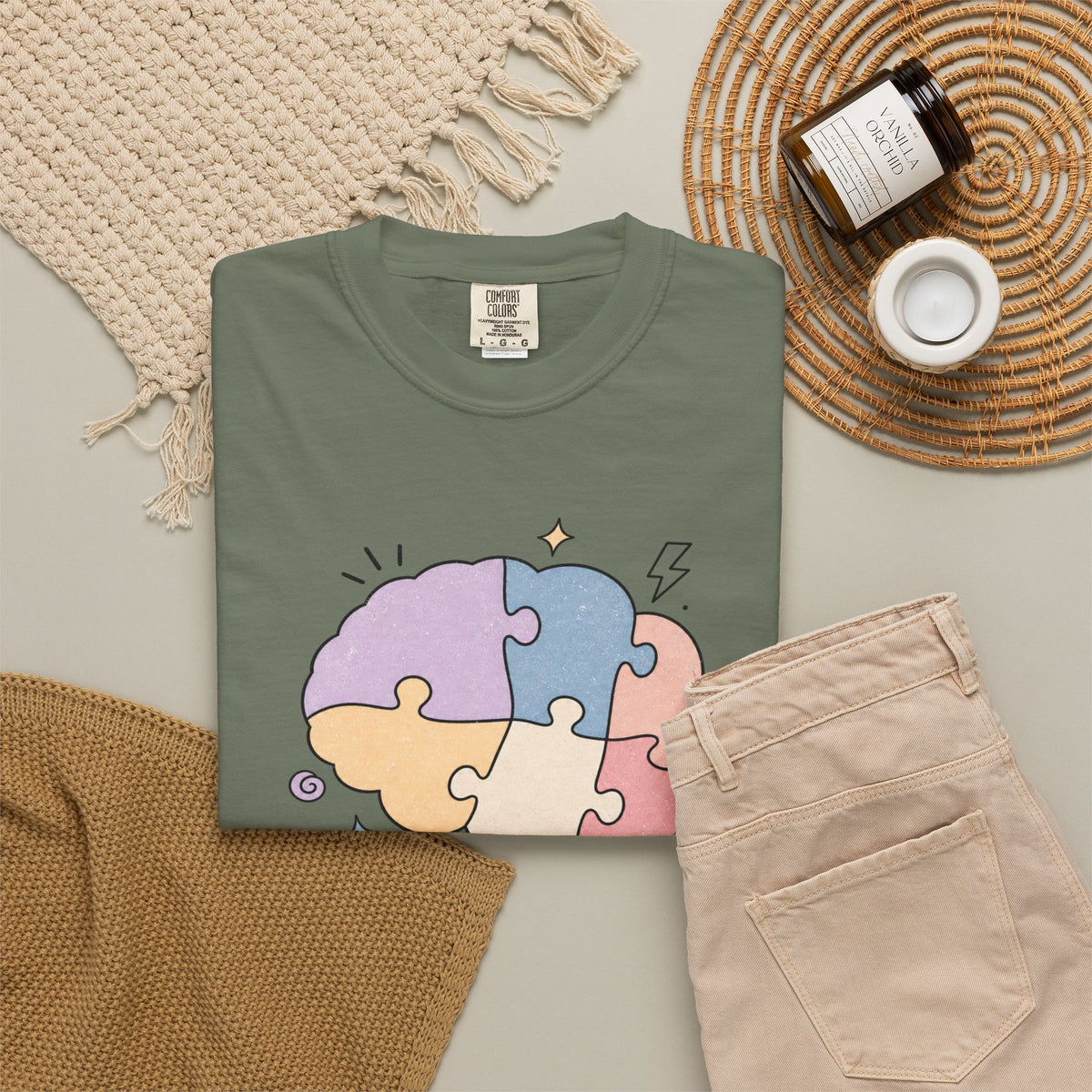 My Brain Has 47 Tabs Open T-Shirt - Moss - Flat Lay