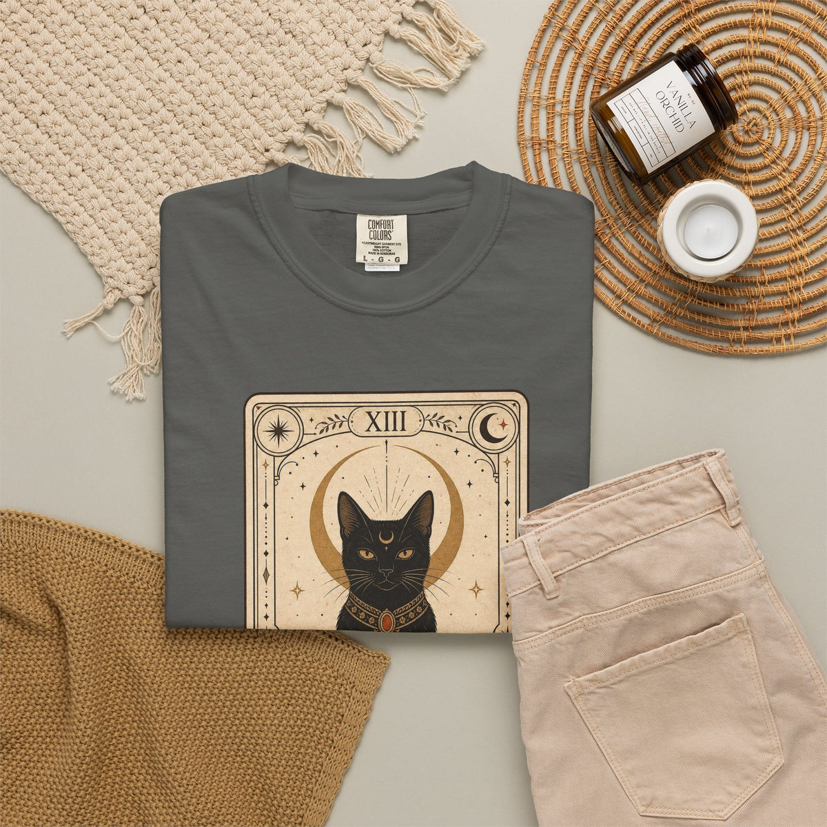 Black Cat Tarot Card T-shirt - Pepper - flat lay