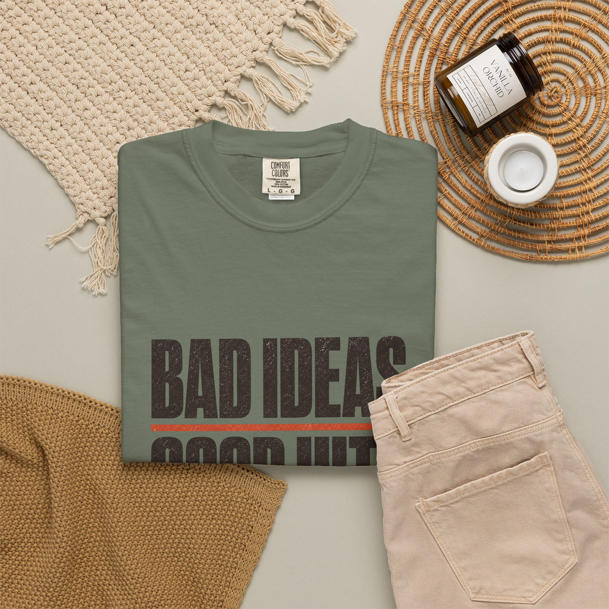 Bad Ideas. Good Hits. T-Shirt - Moss - Flat Lay