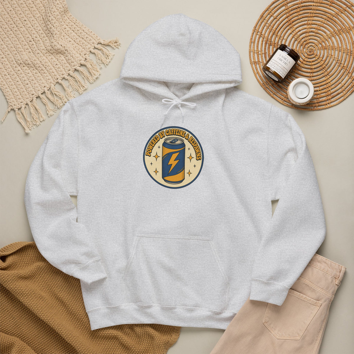 Caffeinated Energy Can Hoodie - Ash - Flat Lay