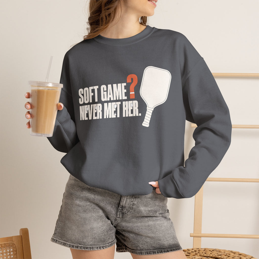 Soft Game? Never Met Her Sweatshirt - Charcoal - On Model Female