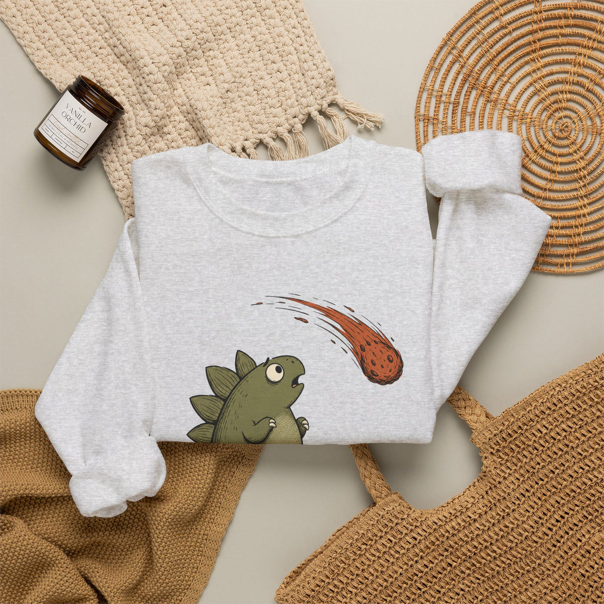 Emotionally I'm the Meteor Dinosaur Sweatshirt - Ash - Flat Lay