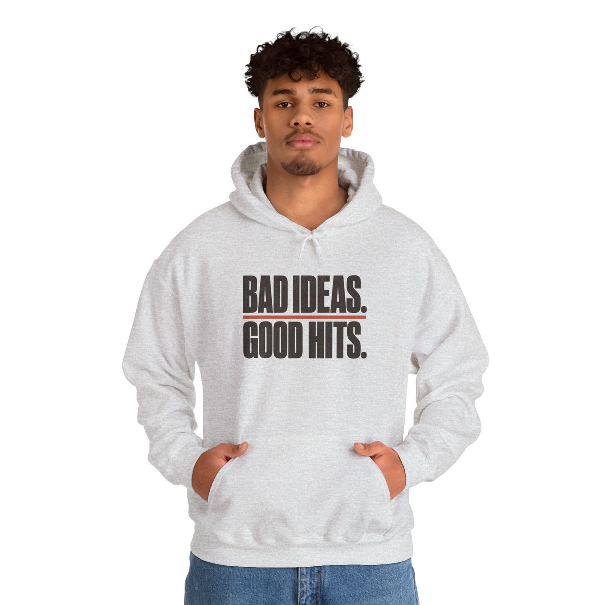 Bad Ideas. Good Hits. Hoodie - Ash - On Model Male