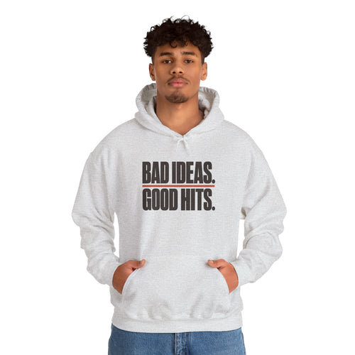 Bad Ideas. Good Hits. Hoodie - Ash - On Model Male