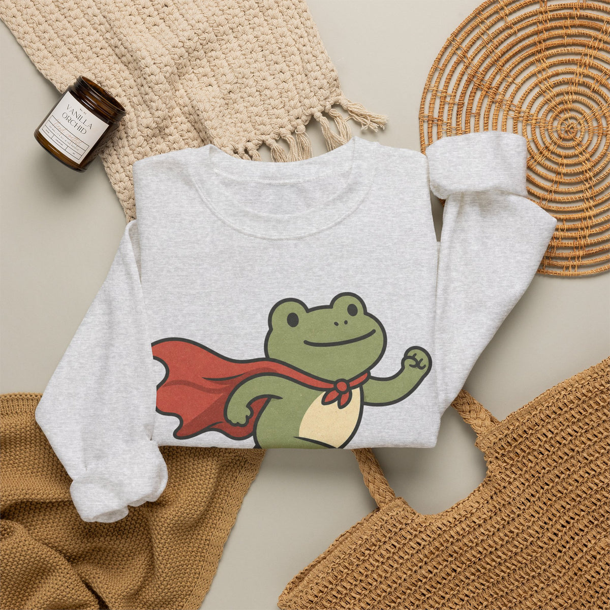 Superhero Frog running Sweatshirt - Ash - Flat Lay