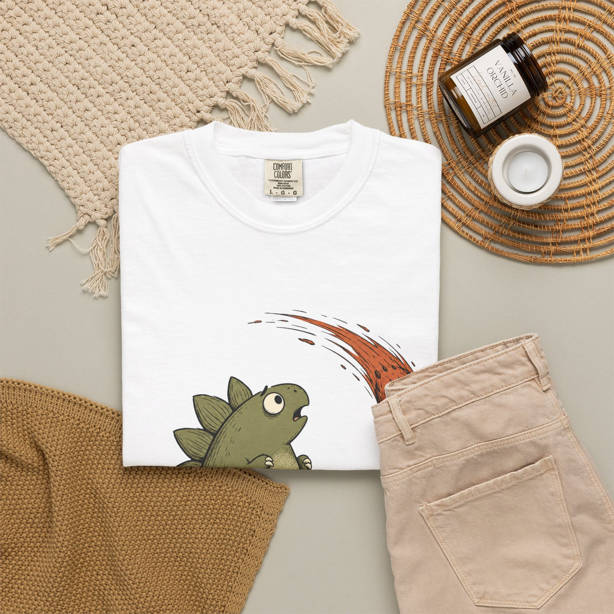 Emotionally I’m the Meteor Dinosaur T-shirt - White - Flat Lay