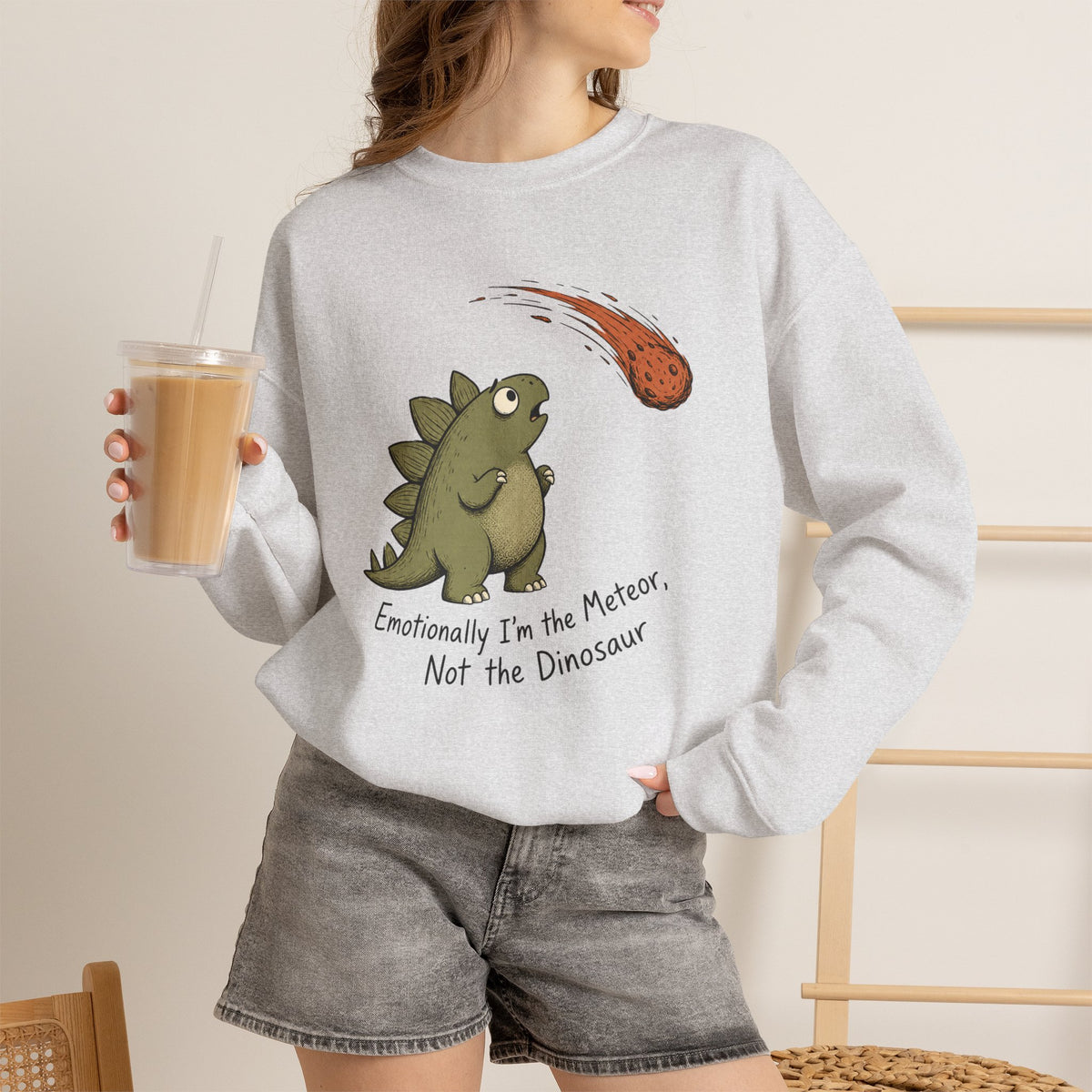 Emotionally I'm the Meteor Dinosaur Sweatshirt - Ash - On Model Female