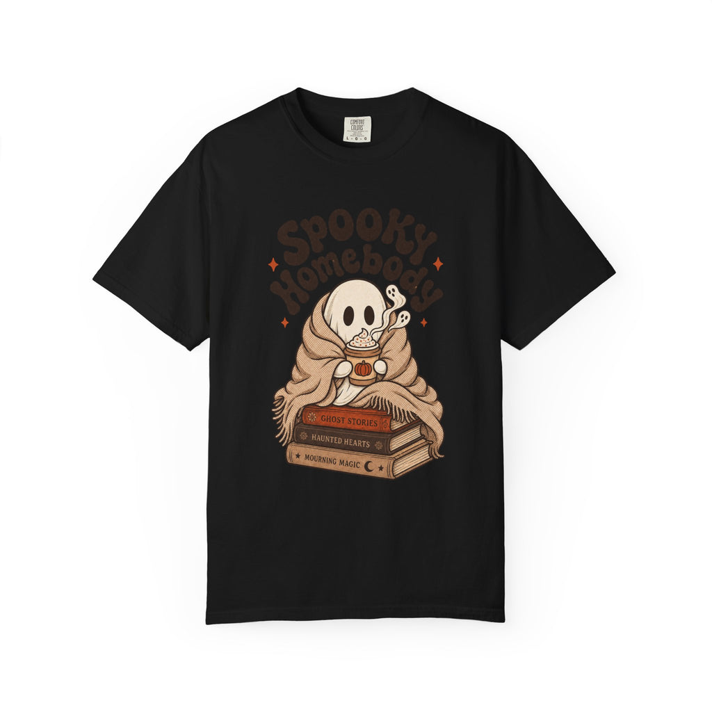 Spooky Homebody Ghost  T-Shirt - Black - on model side