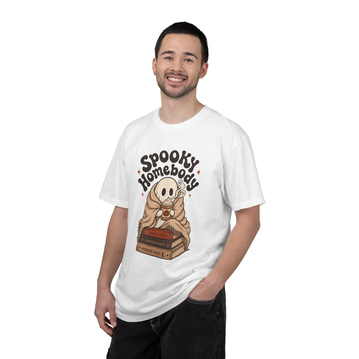 Spooky Homebody Ghost  T-Shirt - White - On Model Male