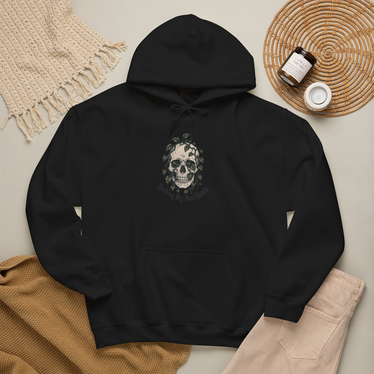 Skull with Ivy Leaves Hoodie - Black - flat lay