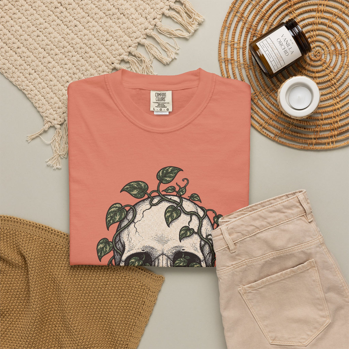 Skull with Ivy Leaves T-shirt - Terracotta - flat lay
